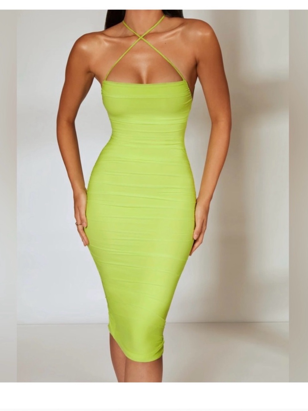 Oh Polly Ruched Midi Dress Lime